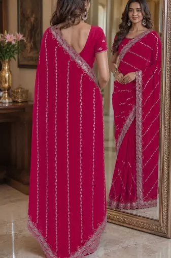 Pink soft georgette embroidery work festive saree with unstitched blouse piece