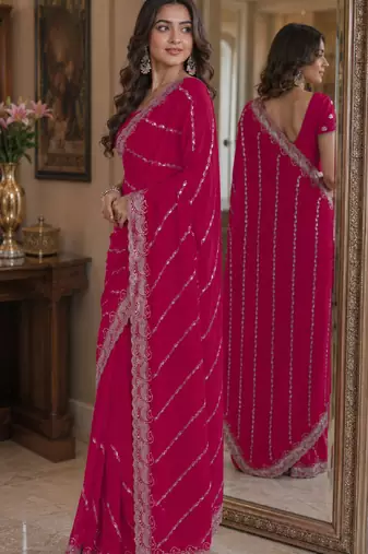 Pink soft georgette embroidery work festive saree with unstitched blouse piece