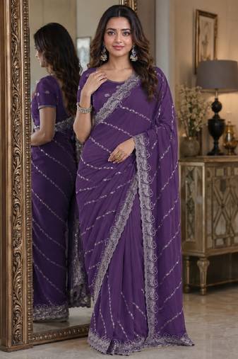 Lavender soft georgette embroidery work festive saree with unstitched blouse piece