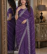 Lavender soft georgette embroidery work festive saree with unstitched blouse piece