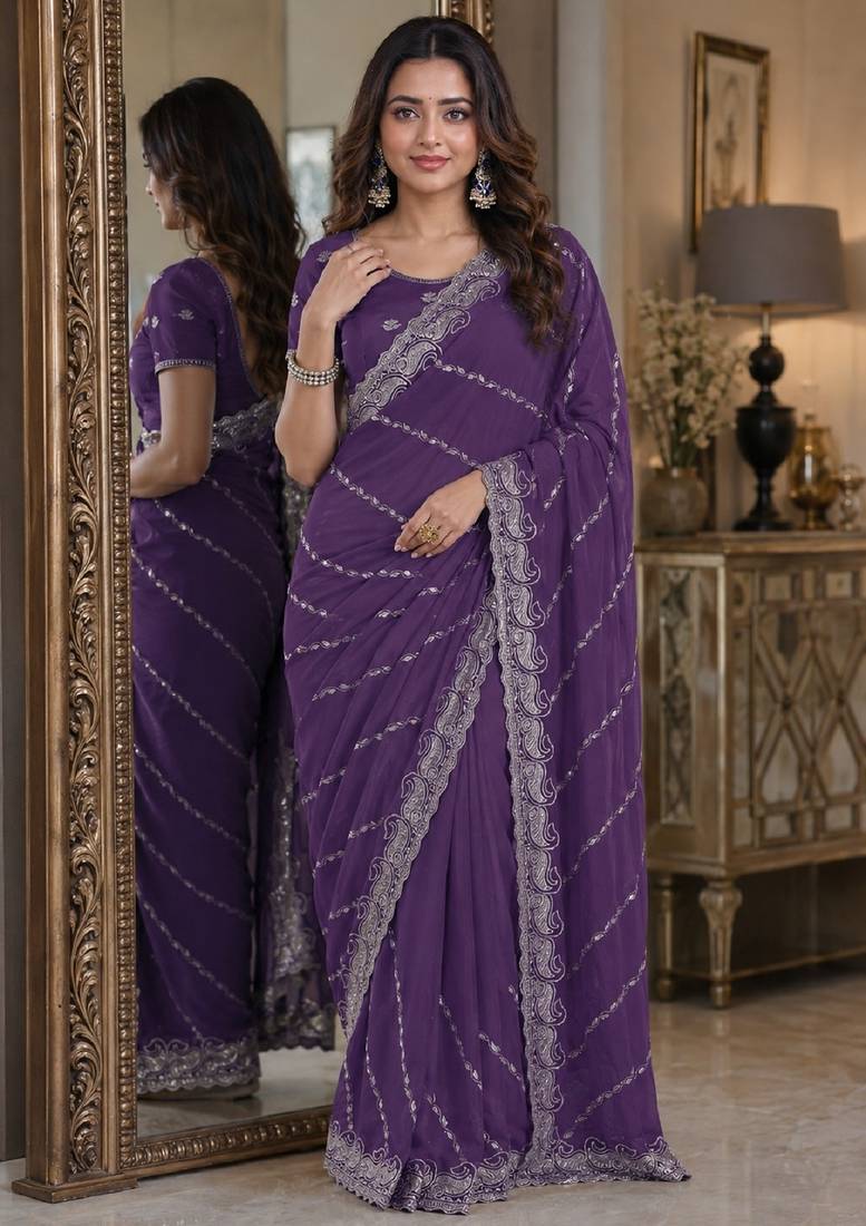 Lavender soft georgette embroidery work festive saree with unstitched blouse piece