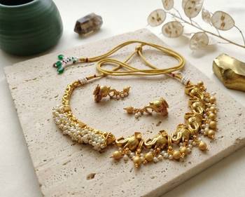 antique gold elephant temple choker necklace set with pearls 2