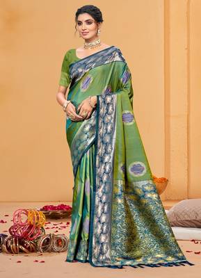 green color beautiful soft silk blend woven designer partywear ethnic saree 1