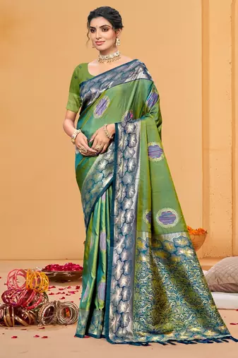 green color beautiful soft silk blend woven designer partywear ethnic saree