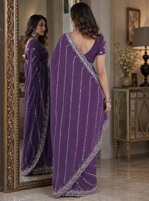 Lavender soft georgette embroidery work festive saree with unstitched blouse piece 3
