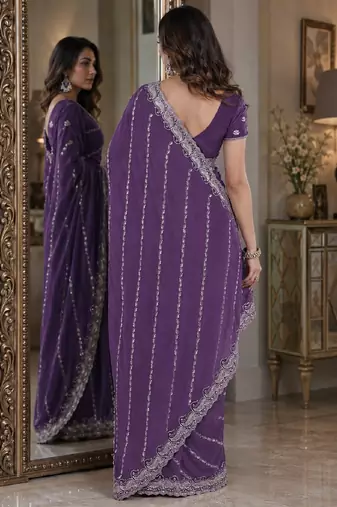 Lavender soft georgette embroidery work festive saree with unstitched blouse piece