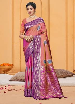 dusty rose pink color beautiful soft silk blend woven designer partywear ethnic saree 1