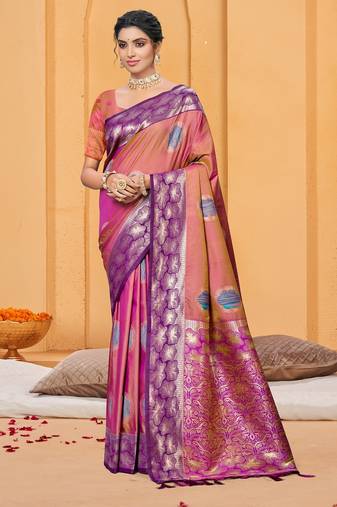 dusty rose pink color beautiful soft silk blend woven designer partywear ethnic saree