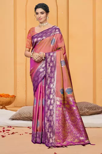 dusty rose pink color beautiful soft silk blend woven designer partywear ethnic saree