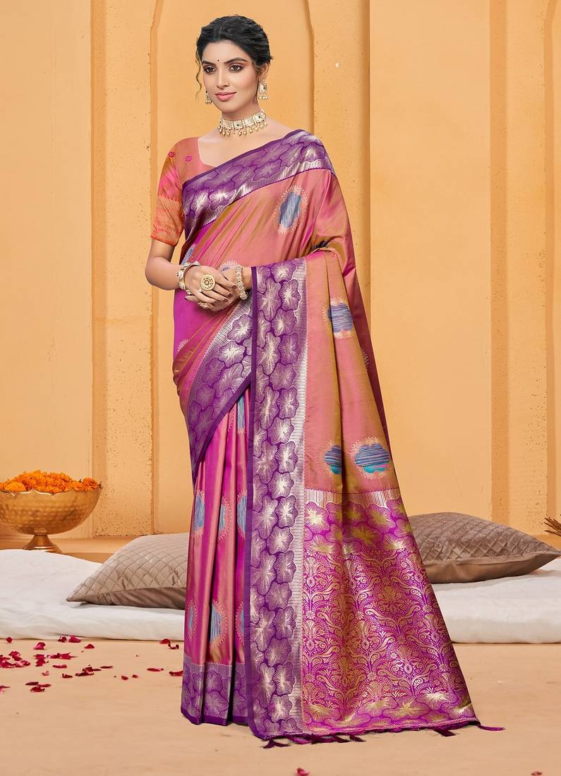 dusty rose pink color beautiful soft silk blend woven designer partywear ethnic saree