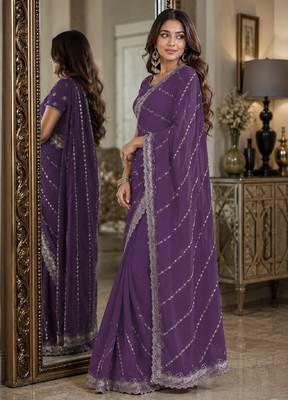 Lavender soft georgette embroidery work festive saree with unstitched blouse piece 4