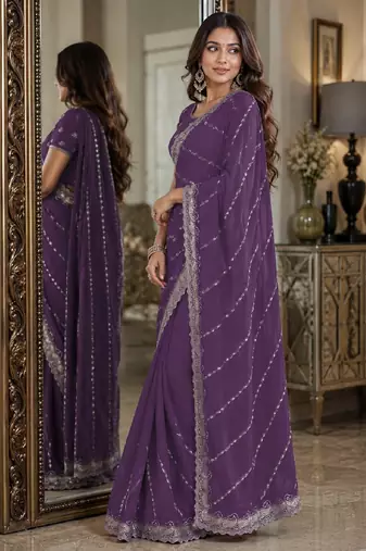 Lavender soft georgette embroidery work festive saree with unstitched blouse piece