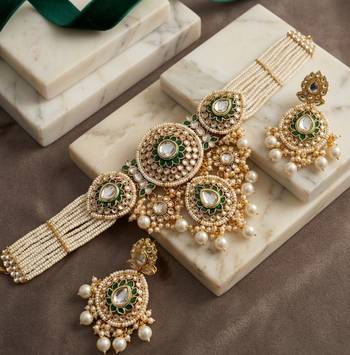 gold plated kundan pearl bridal jewelry set with earrings & maang tikka 2