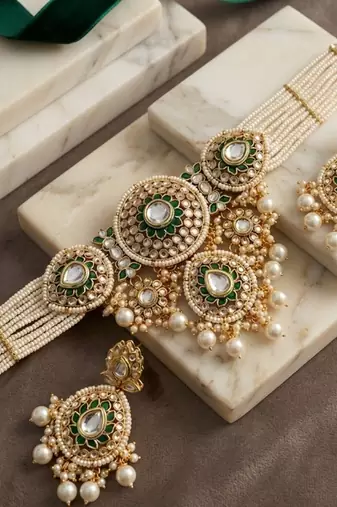 gold plated kundan pearl bridal jewelry set with earrings & maang tikka
