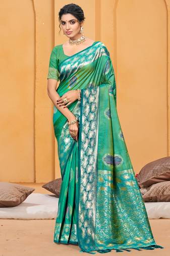 emerald green color beautiful soft silk blend woven designer partywear ethnic saree
