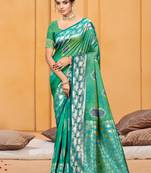emerald green color beautiful soft silk blend woven designer partywear ethnic saree