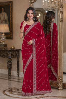 Rani pink soft georgette embroidery work festive saree with unstitched blouse piece 1