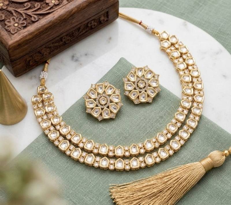 gold plated polki kundan necklace set with earrings