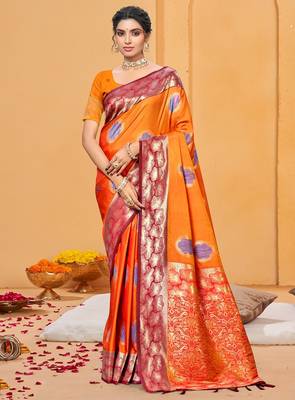 bright orange color beautiful soft silk blend woven designer partywear ethnic saree 1