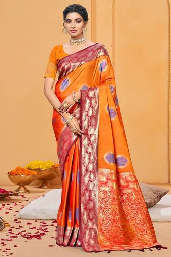 bright orange color beautiful soft silk blend woven designer partywear ethnic saree