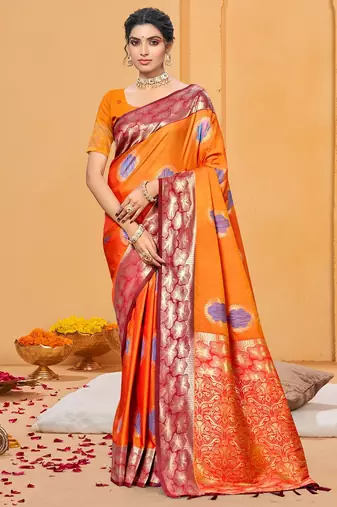 bright orange color beautiful soft silk blend woven designer partywear ethnic saree