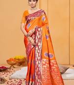 bright orange color beautiful soft silk blend woven designer partywear ethnic saree