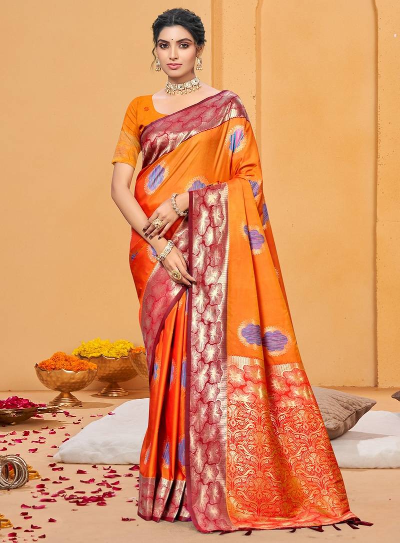 bright orange color beautiful soft silk blend woven designer partywear ethnic saree