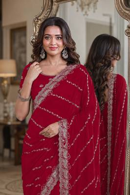 Rani pink soft georgette embroidery work festive saree with unstitched blouse piece 2