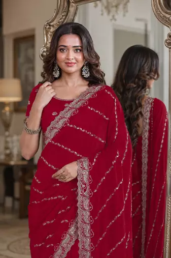 Rani pink soft georgette embroidery work festive saree with unstitched blouse piece