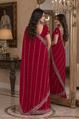 Rani pink soft georgette embroidery work festive saree with unstitched blouse piece 3