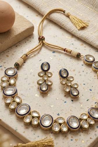 gold plated kundan bridal necklace set with blue meenakari