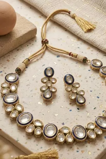 gold plated kundan bridal necklace set with blue meenakari
