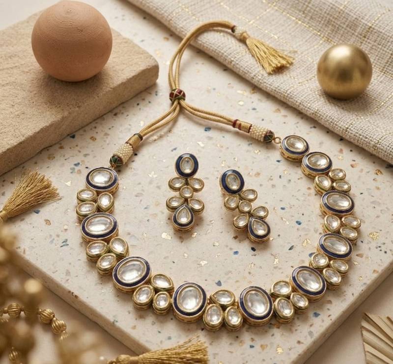 gold plated kundan bridal necklace set with blue meenakari