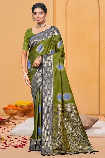 olive green color beautiful soft silk blend woven designer partywear ethnic saree