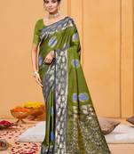 olive green color beautiful soft silk blend woven designer partywear ethnic saree