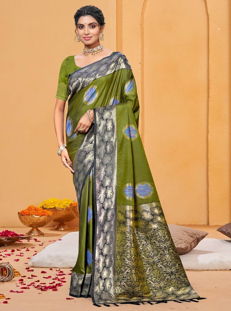 olive green color beautiful soft silk blend woven designer partywear ethnic saree