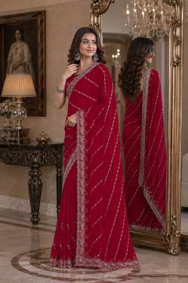 Rani pink soft georgette embroidery work festive saree with unstitched blouse piece 4