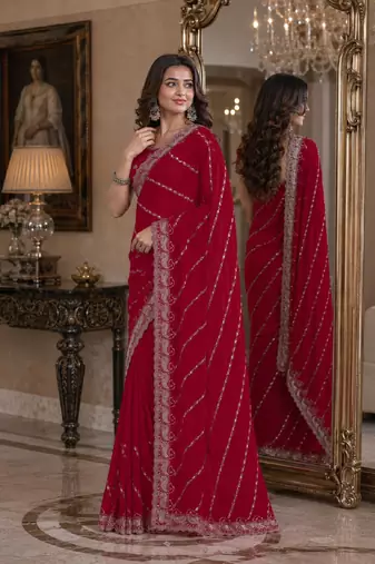 Rani pink soft georgette embroidery work festive saree with unstitched blouse piece