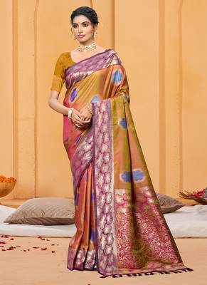 mustard gold color beautiful soft silk blend woven designer partywear ethnic saree 1