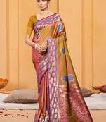 mustard gold color beautiful soft silk blend woven designer partywear ethnic saree