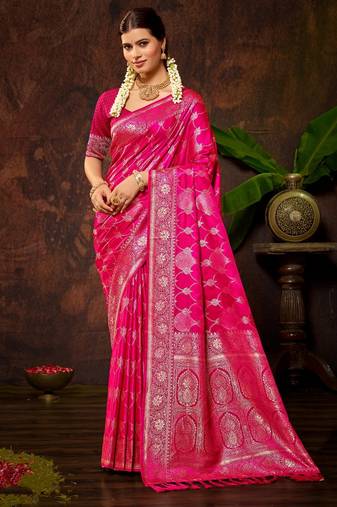 smart and ethnic rani pink color silk blend fabric woven designer ethnic rich looks saree