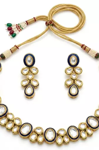 gold plated kundan bridal necklace set with blue meenakari