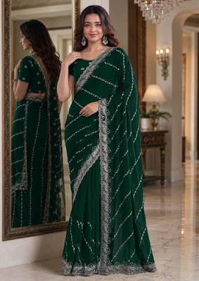 Green soft georgette embroidery work festive saree with unstitched blouse piece 1