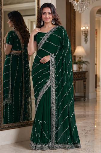 Green soft georgette embroidery work festive saree with unstitched blouse piece