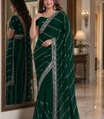 Green soft georgette embroidery work festive saree with unstitched blouse piece