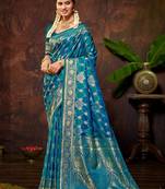 smart and ethnic peacock blue color silk blend fabric woven designer ethnic rich looks saree