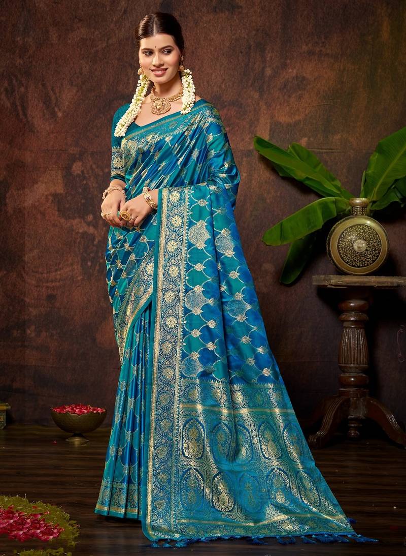 smart and ethnic peacock blue color silk blend fabric woven designer ethnic rich looks saree