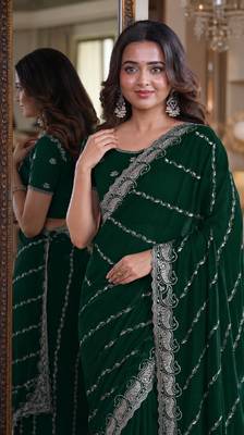 Green soft georgette embroidery work festive saree with unstitched blouse piece 2