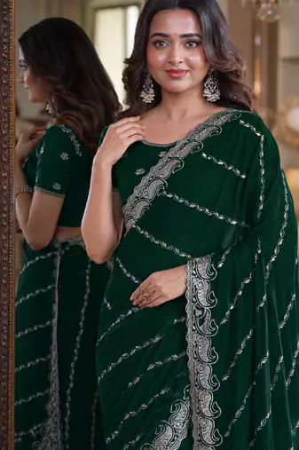 Green soft georgette embroidery work festive saree with unstitched blouse piece