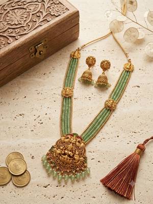 gold plated temple haram set with green bead necklace & jhumkas 1